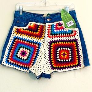 FARM Rio  denim high-waisted crochet shorts M NWT